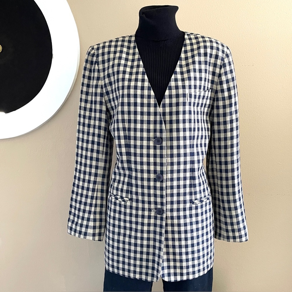 Casual Corner Linen Blend Plaid Blazer – Navy & Sand, 10, Fully Lined, Like New